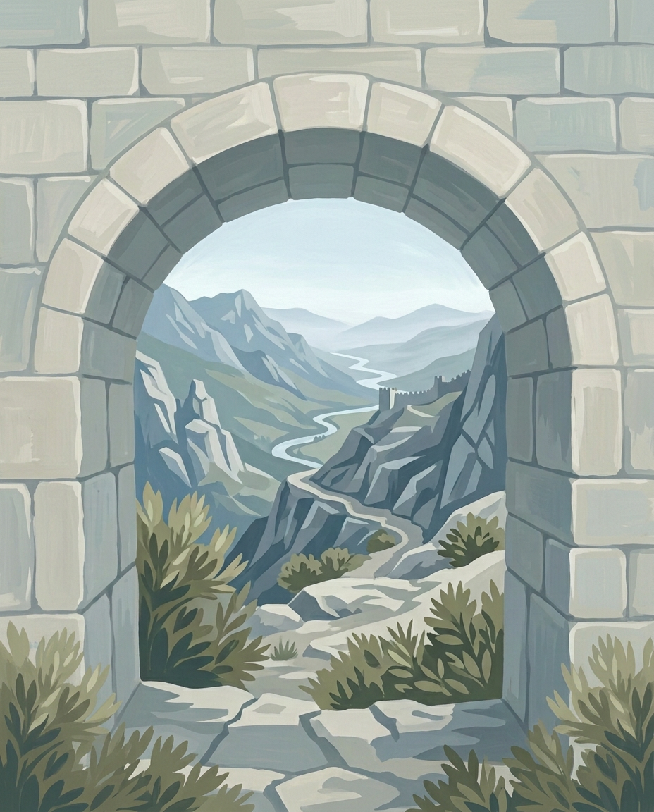 A misty painting of the view through a stone arch toward the mountains