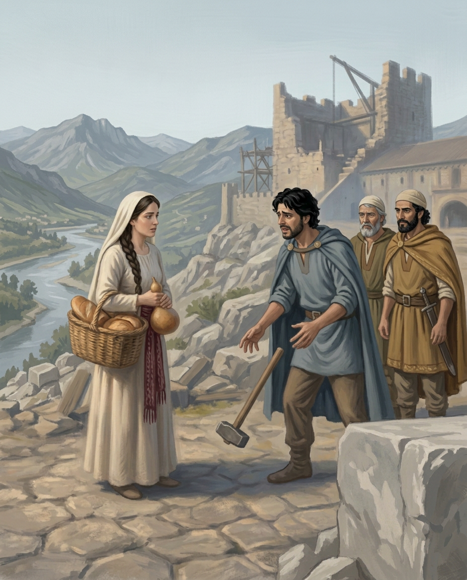 Rozafa arrives with bread and wine; her distraught husband drops his hammer as the brothers fall silent