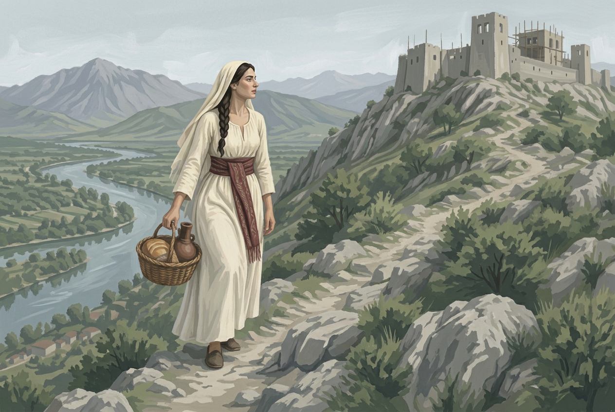 Rozafa carries her basket up the rocky ridge above the Buna River