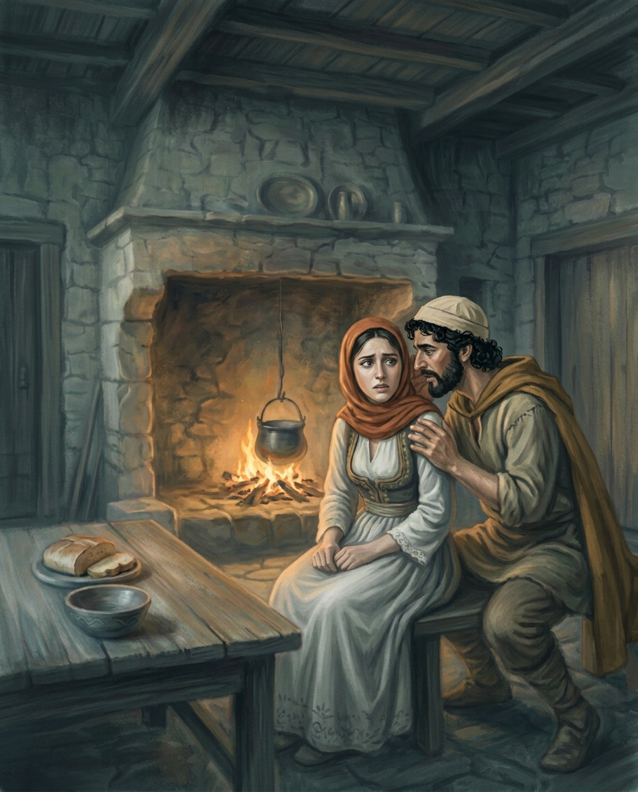 A brother secretly tells his worried wife beside the hearth at night