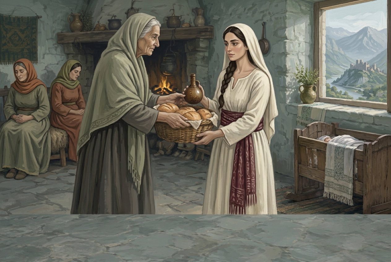 The mother gives Rozafa bread and wine beside her baby's cradle as the other wives look away