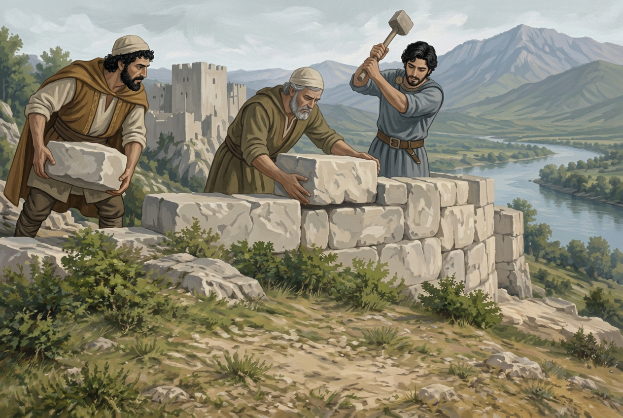 Three brothers lift and set limestone blocks as they build the castle