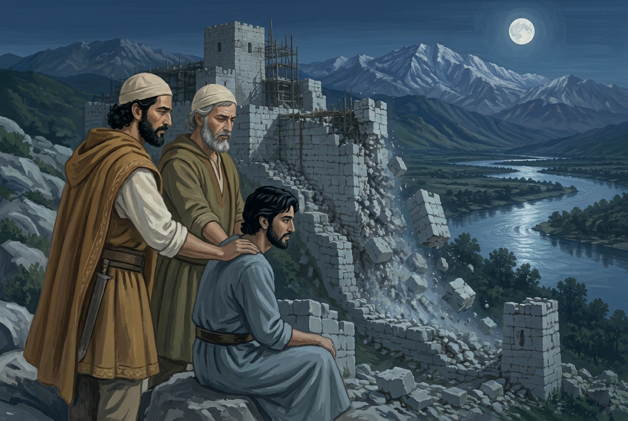 Moonlit walls break apart while the three brothers watch