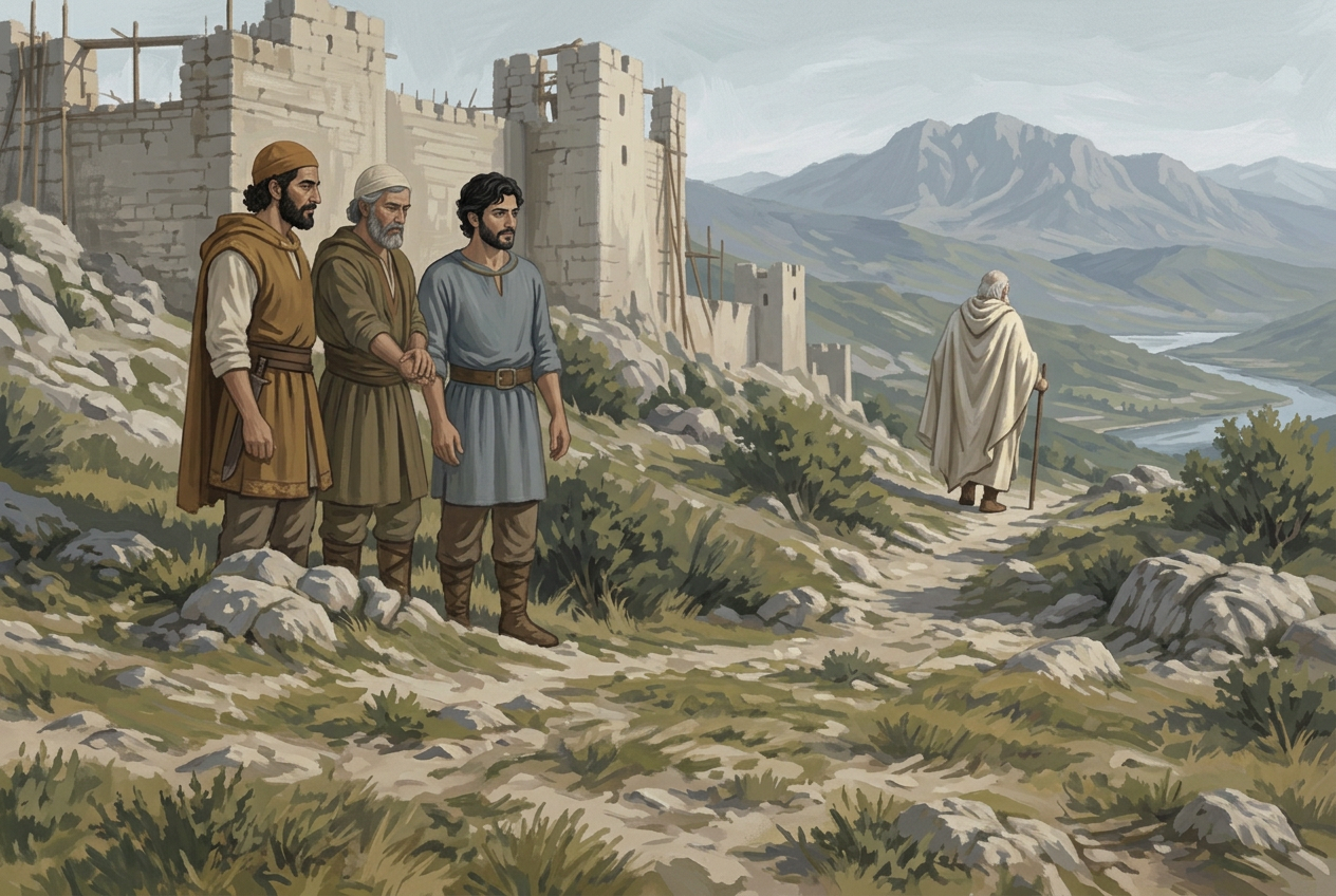 The old man walks away down the rocky path while the three brothers watch in silence