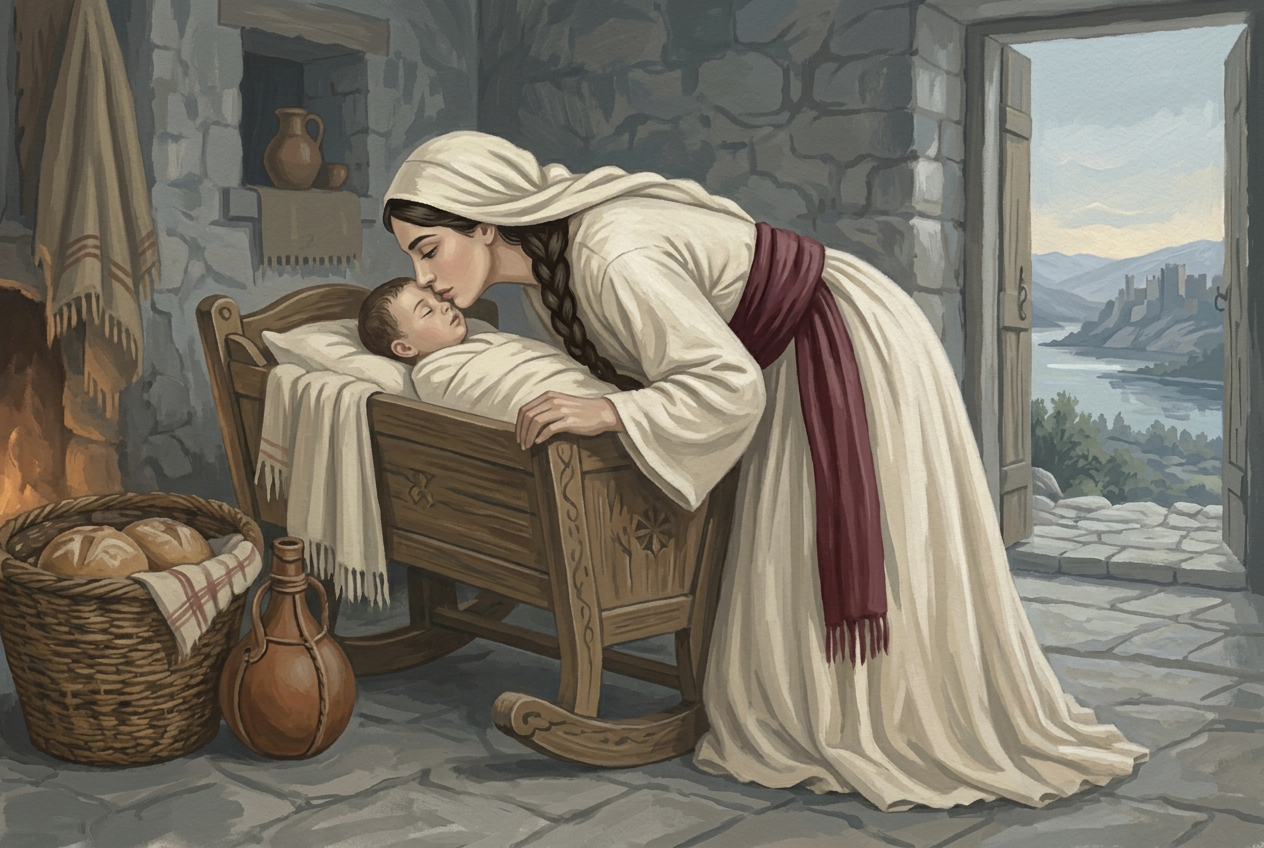 Rozafa kisses her little son goodbye beside the basket
