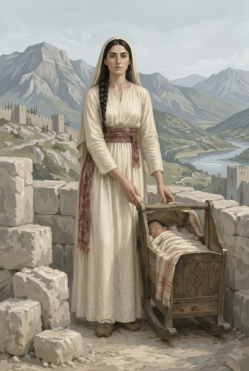 Rozafa stands at the castle foundation beside her son's cradle