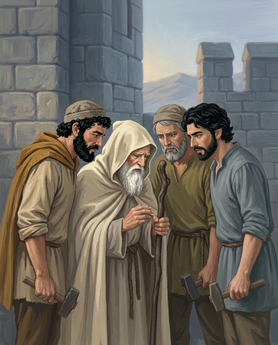The old man draws all three brothers shoulder to shoulder to hear his secret