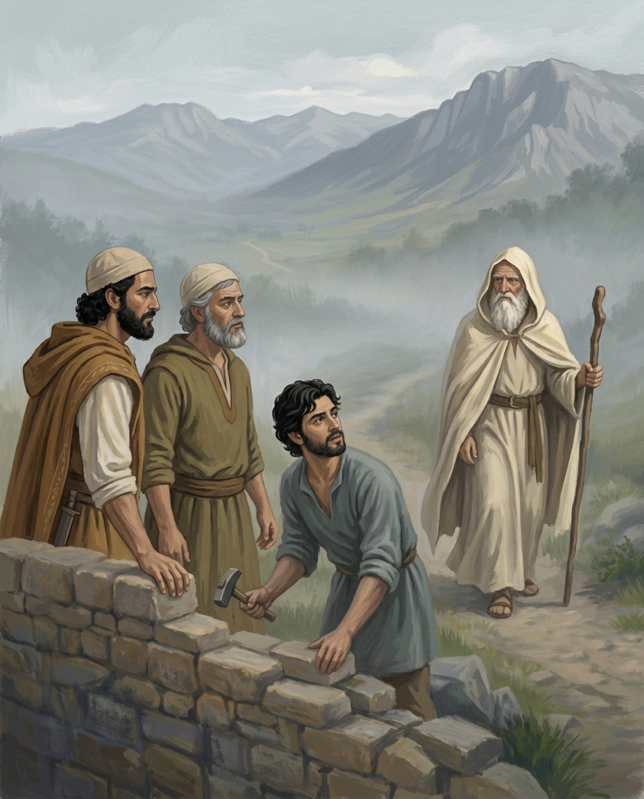 A misty painting of three brothers building a stone wall as an old man approaches