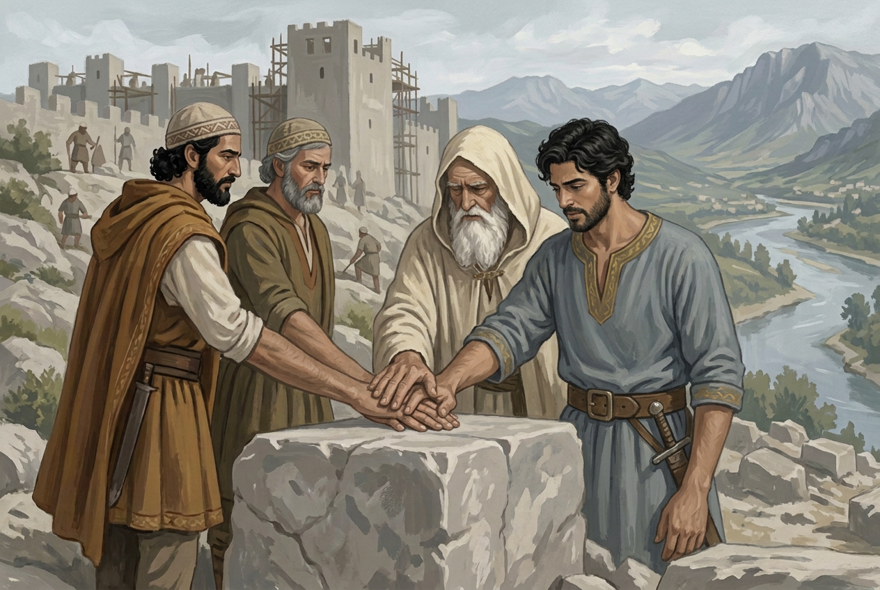 The brothers bind themselves to a sacred pledge beside the old man