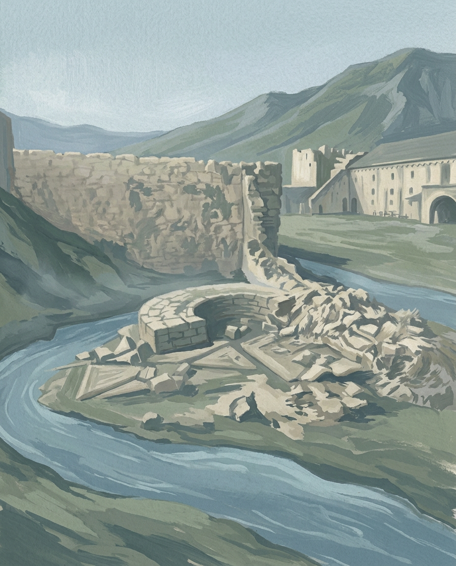 The unfinished castle walls on the hill