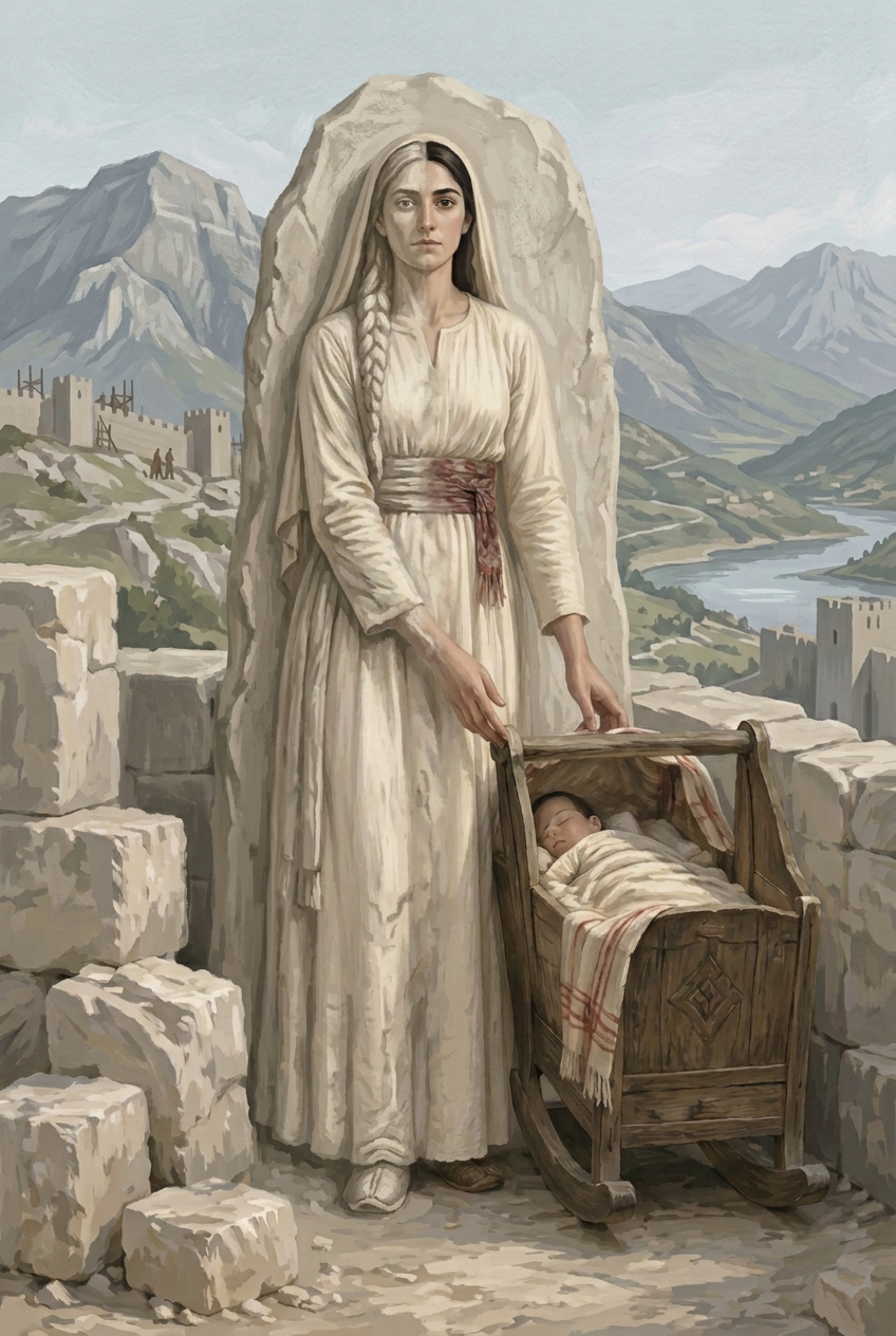 Rozafa's left half is fused into the stone slab; her right half stays exposed beside her child