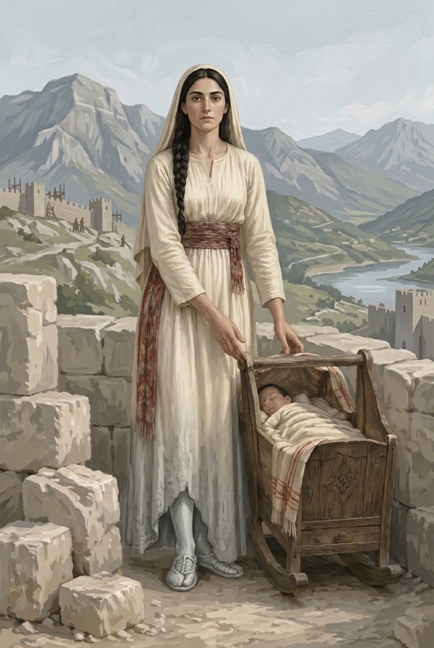 Rozafa's left foot and the hem of her dress have turned to pale limestone