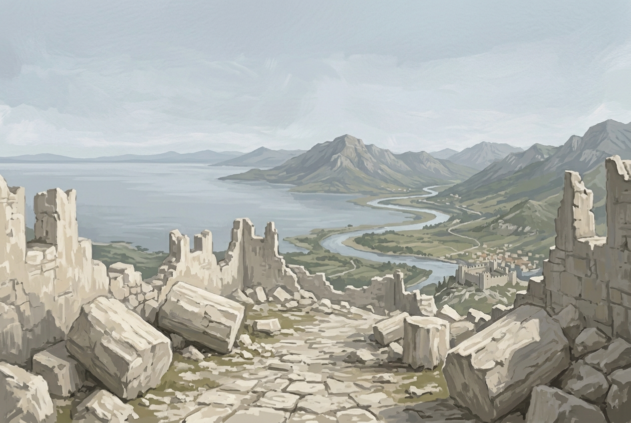 The ruined castle walls on the summit above Lake Shkodër