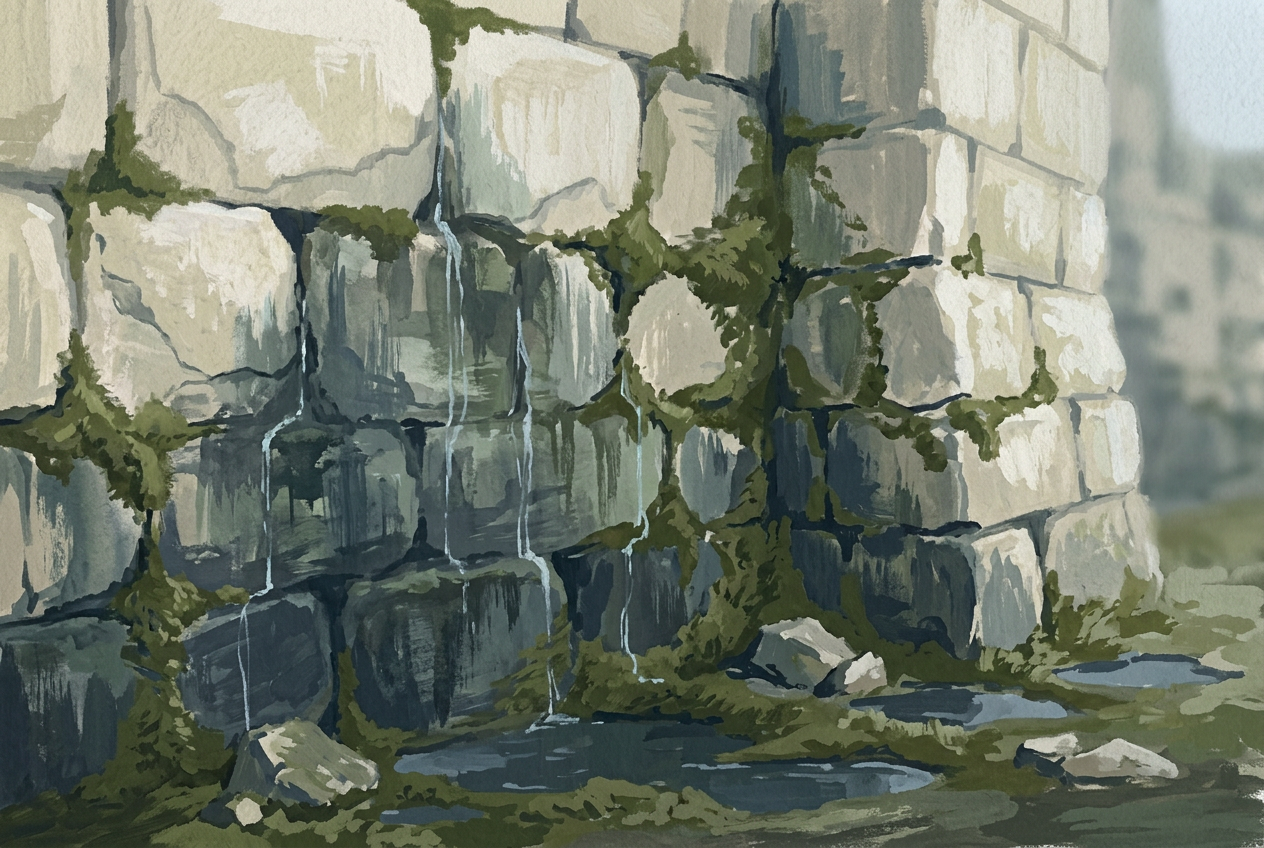 The base stones of the castle wall, wet and covered in moss, water trickling down like tears