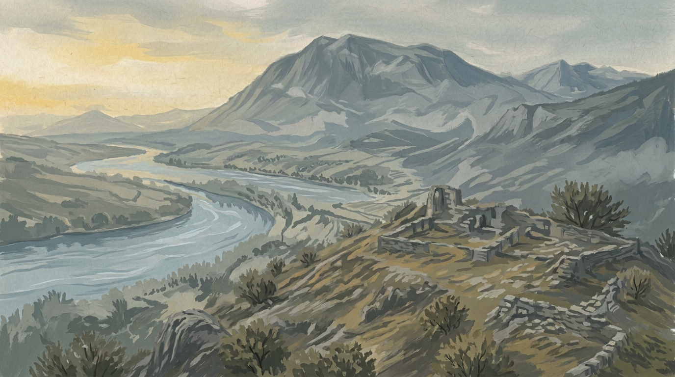 Mist clears from the same river bends, mountains and ruins seen in the opening
